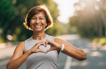 cheerful senior woman makes heart sign with her hands