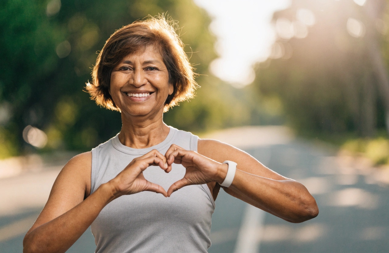 cheerful senior woman makes heart sign with her hands