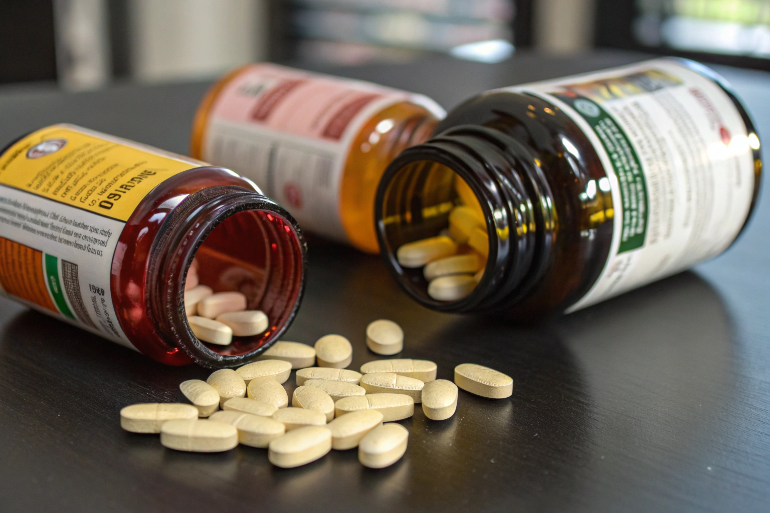 Close up of three bottles of biotin supplements