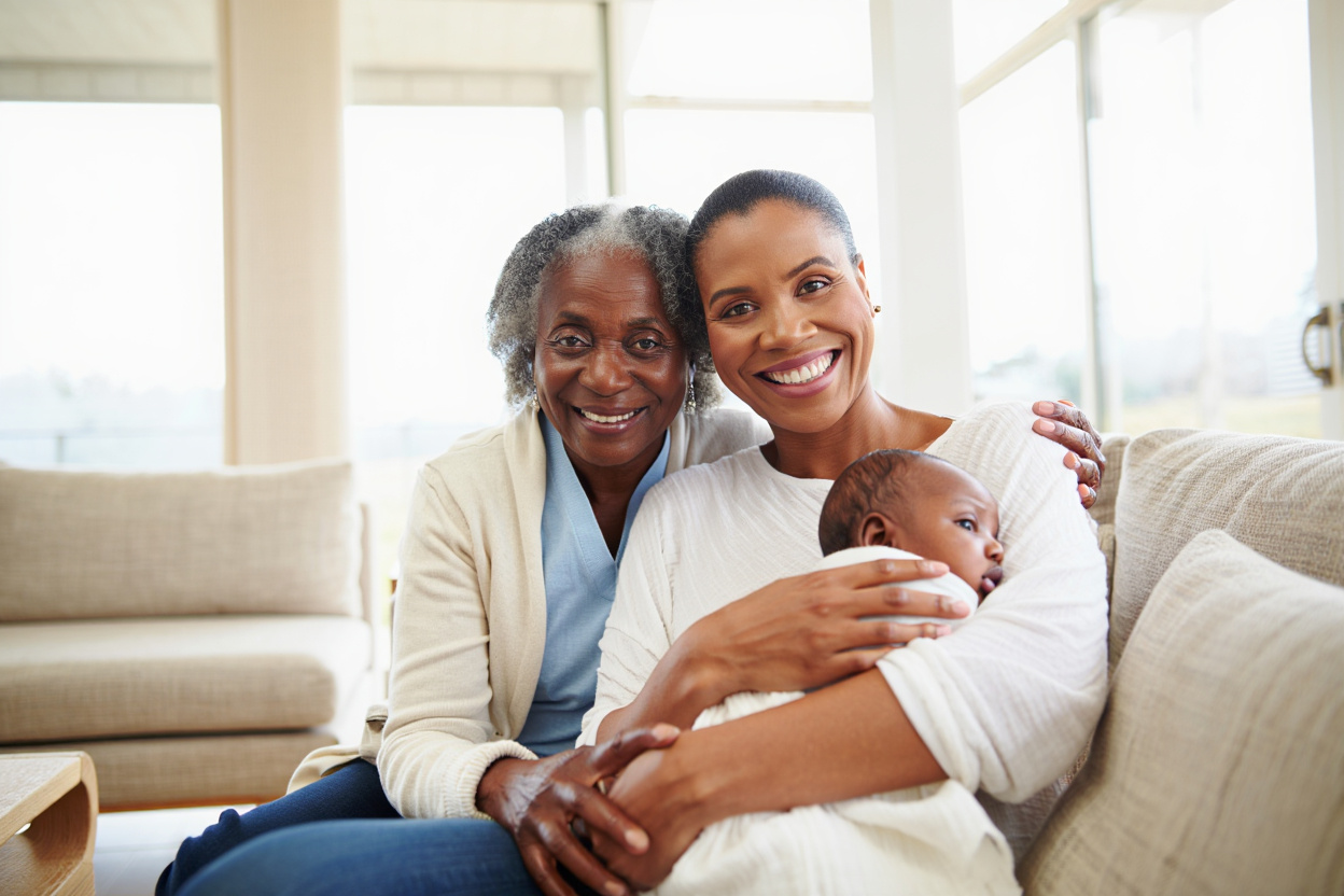 Grandmother mother and baby smile at the camera