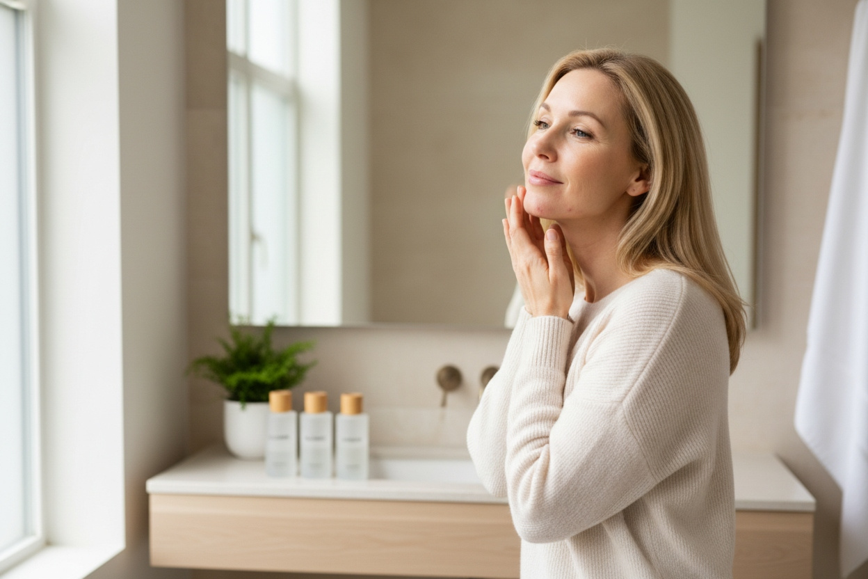 Portrait of a middle-aged woman looking in the bathroom mirror