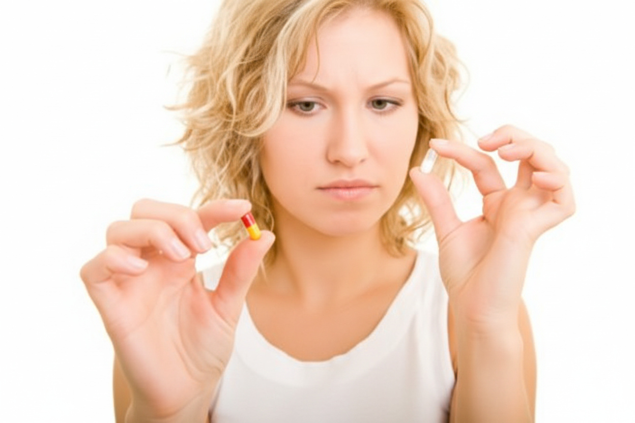 young woman examines two capsules