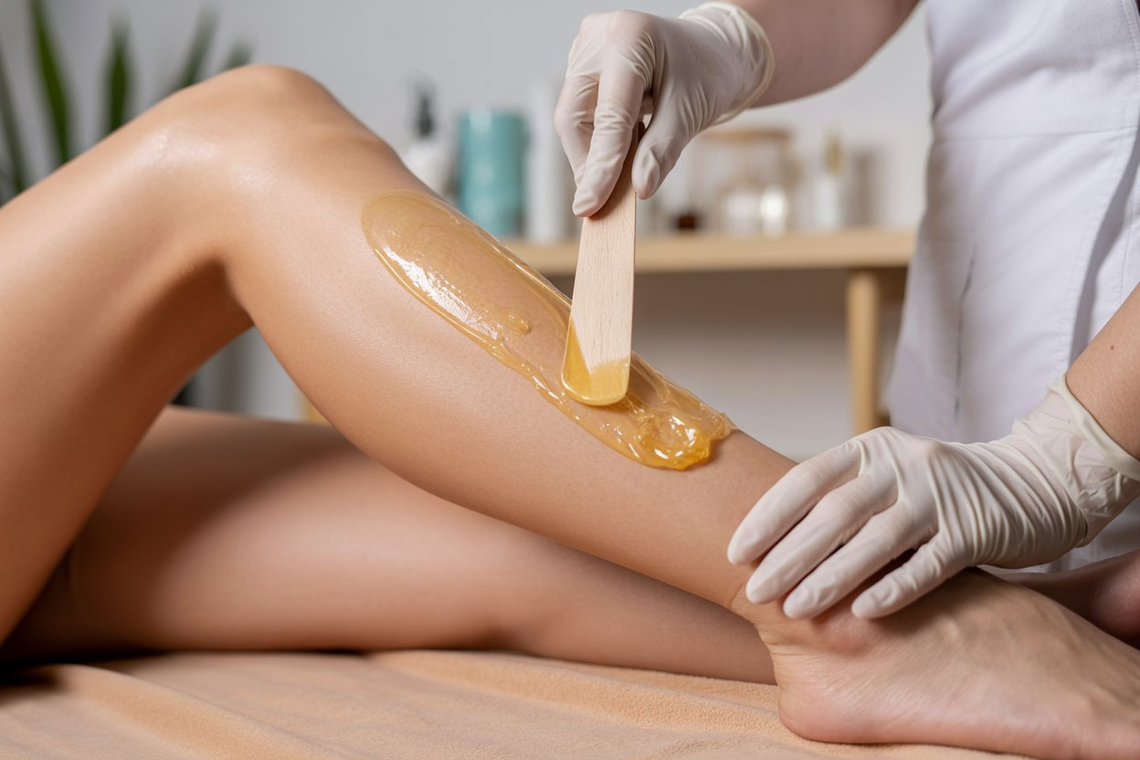 A close up view of a person receiving a leg-waxing treatment