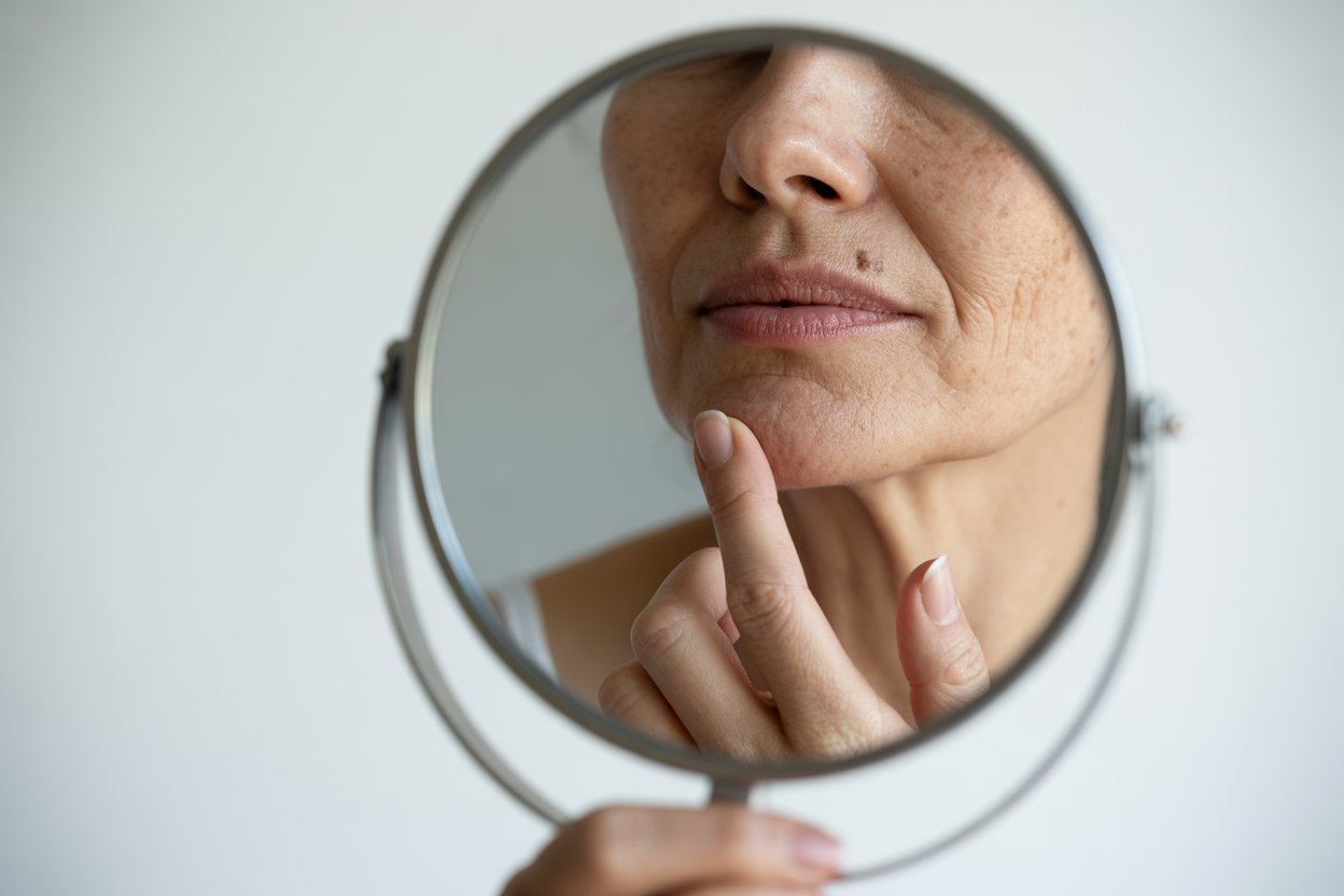 close up of a woman examining her skin in the mirror