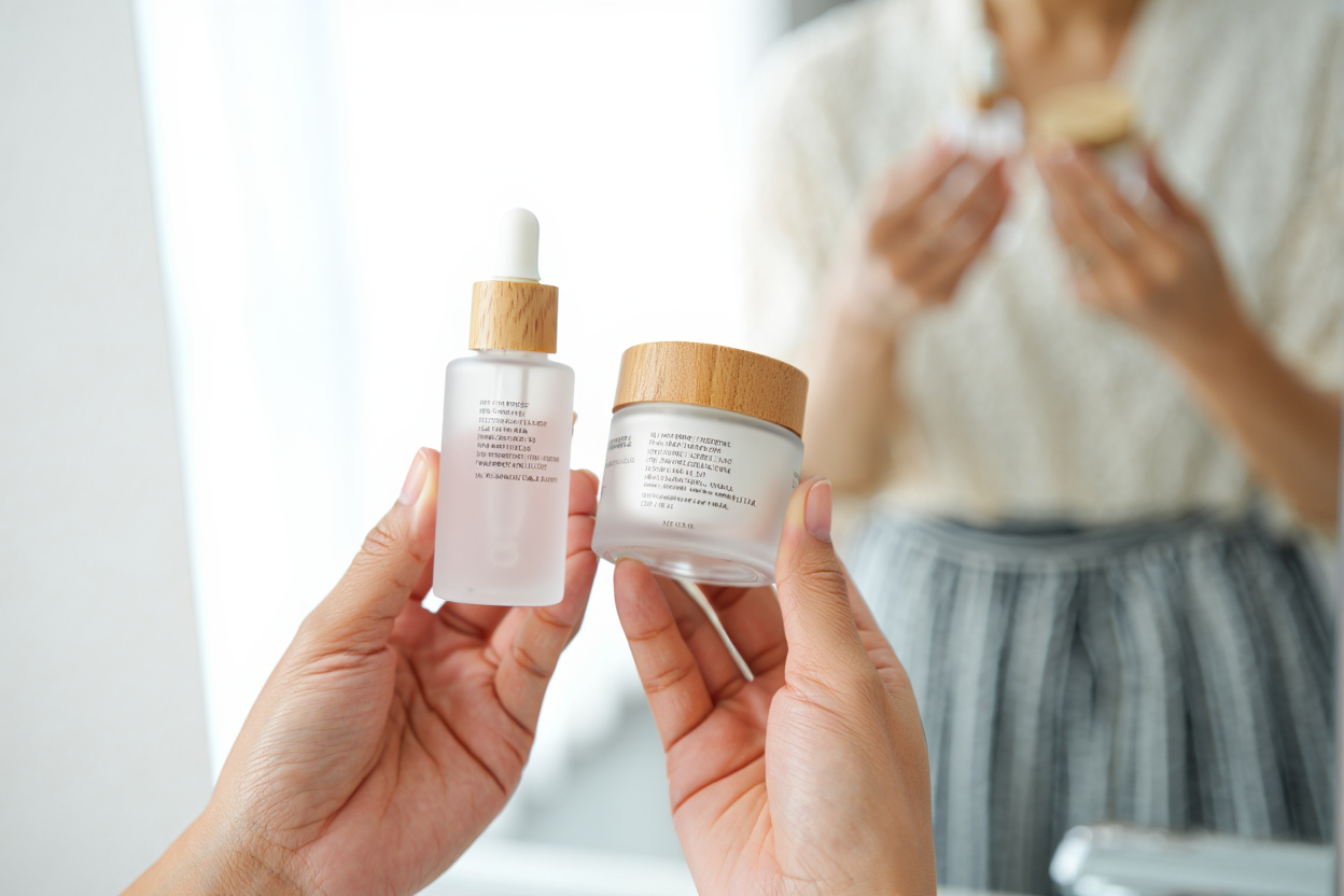 close up of woman examining ingredients in skincare products