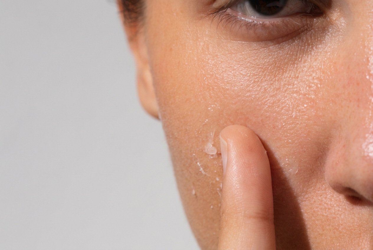 close up of woman face with pilling skincare