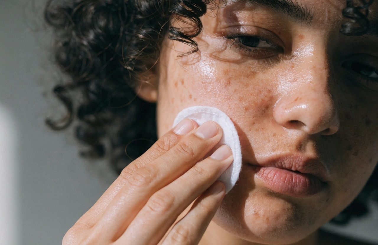 close up of young woman with a cotton pad against her cheeck