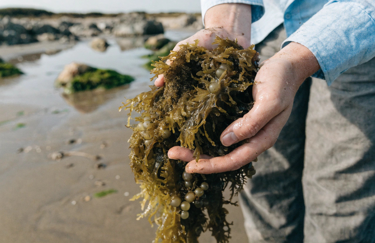 close up chot of persons hands holding a clump of seaweed