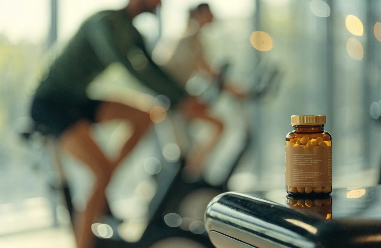 gym scene with supplement bottle in the foreground