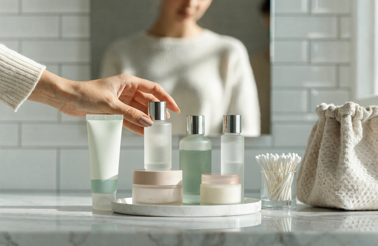 modern bathroom skincare routine setup