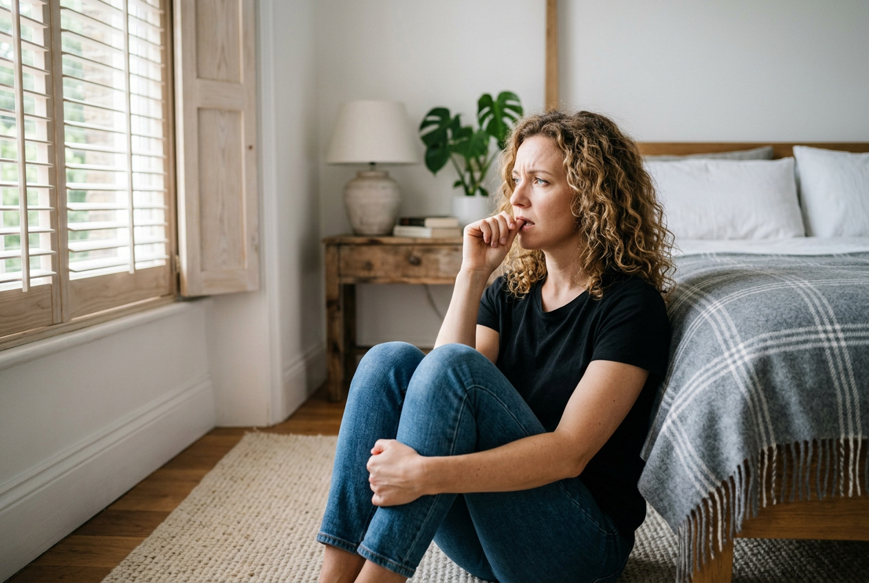 portrait of a woman with anxious expression sitting at the foot of a bed