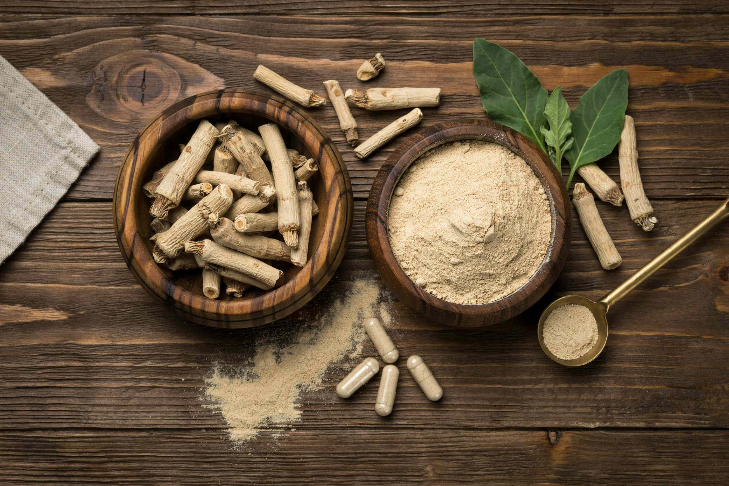 top down composition of ashwagandha roots and leaves