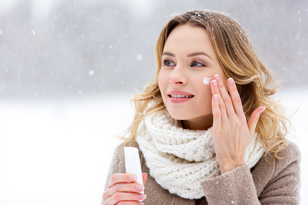 woman applying cream to her face outdoors in the winter
