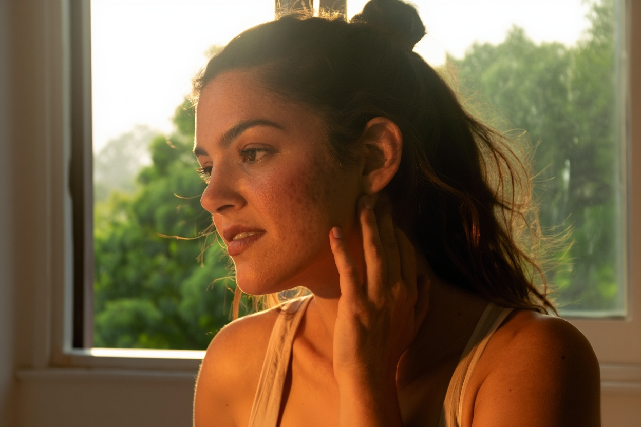 Woman examining rosacea skin on her cheek