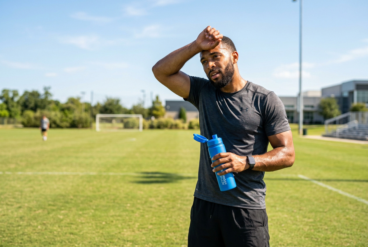 young man exercising outdoors with bottle of water