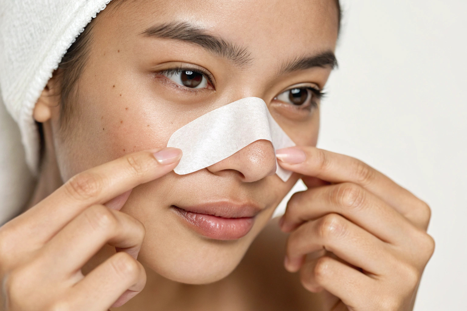 young woman applying pore strip to her nose