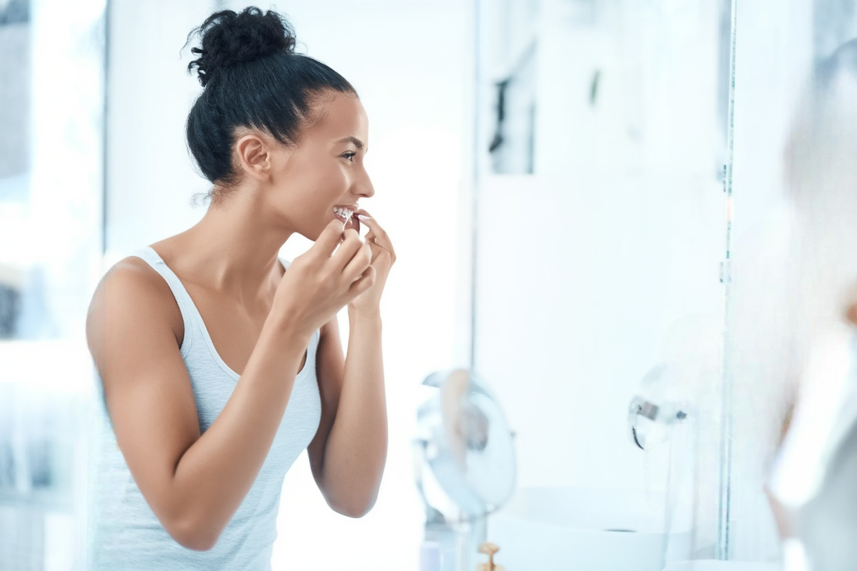 young woman flossing her teeth in the bright bathroom setting